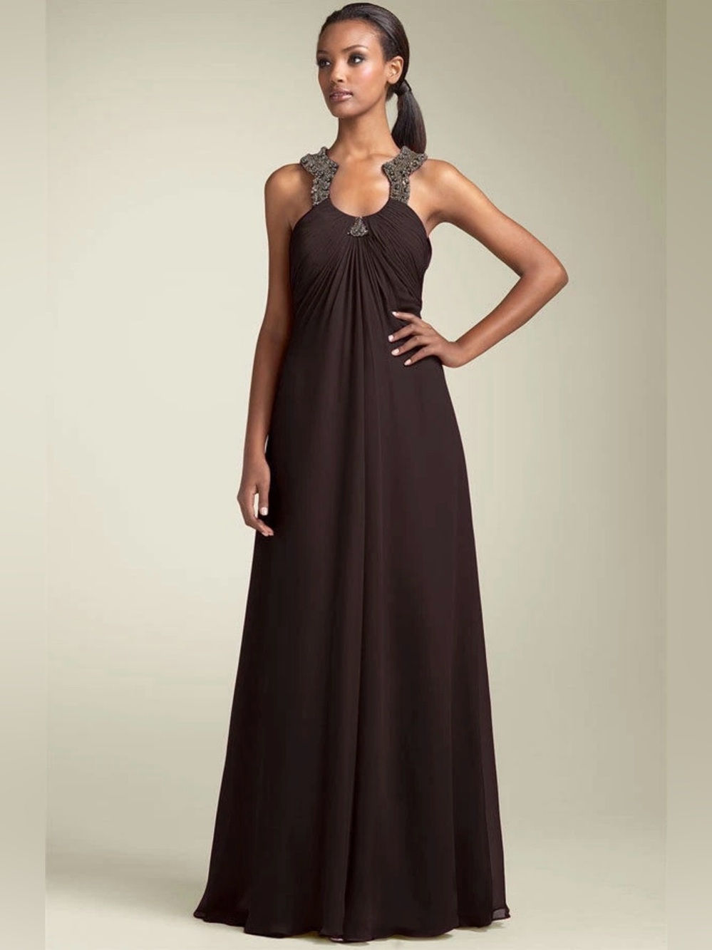 Aidan Mattox 100% Silk Beaded Keyhole Halter Gown Chocolate Brown Maxi Dress 10